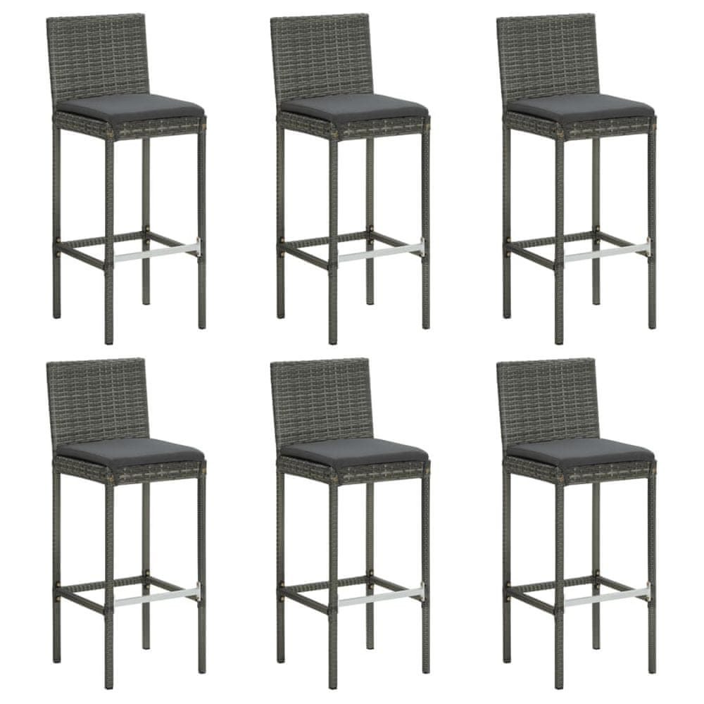 Vidaxl Barové stoličky s vankúšmi 6 ks sivé polyratan